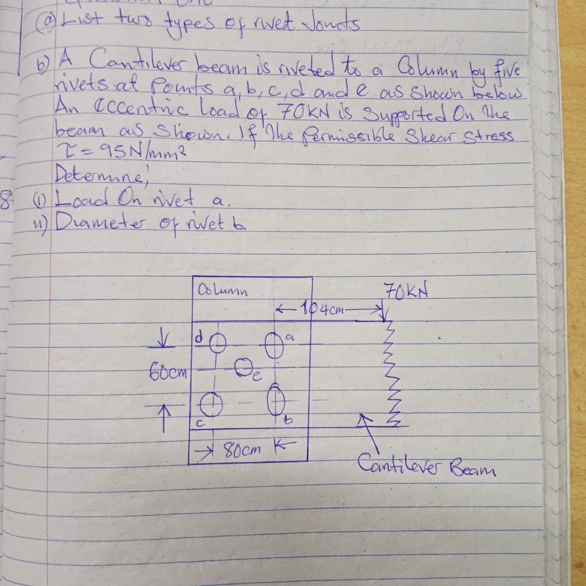 @List tus types of vet Jonds
bA Cantilever bbeam is nveted to a Column
hivets at Pownts a,b,c,d ande as Shown below
An eccentric Load
beam as Sheidn. If The Permissible Shear Stress.
2=95N/mm2
Detomine
80L0ad On nivet a.
) Diameter of rwet b
rwet Jonts
fivE
of 70KN is Supported On the
OoLumn
70KN
104cm-
9.
C
8Ocm K
Contilever Beam
