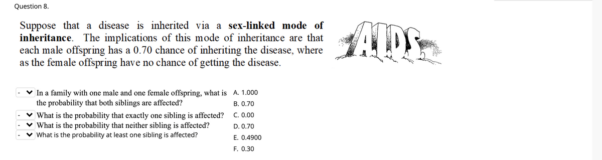 Question 8.
Suppose that a disease is inherited via a sex-linked mode of
inheritance. The implications of this mode of inheritance are that
each male offspring has a 0.70 chance of inheriting the disease, where
as the female offspring have no chance of getting the disease.
ADS
In a family with one male and one female offspring, what is A. 1.000
the probability that both siblings are affected?
B. 0.70
v What is the probability that exactly one sibling is affected?
What is the probability that neither sibling is affected?
What is the probability at least one sibling is affected?
C. 0.00
D. 0.70
E. 0.4900
F. 0.30
