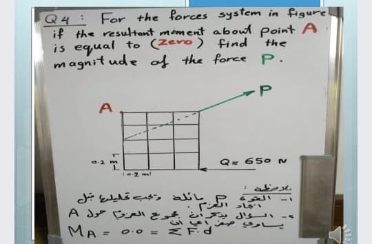 Q4: For the forces system in figure
if the resultant moment aboul point A
the
is equal to (Zero) find
magnit ude of the force P.
A
a-2 m
Q= 650 N
A dy と ふ ー
MA = 0.0 = NF
%3D
