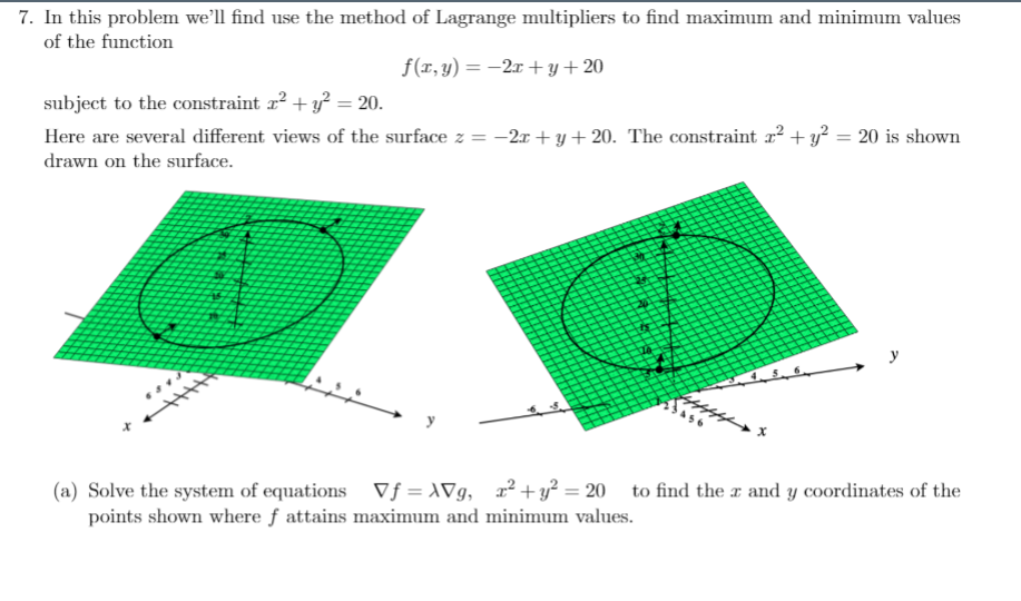 7. In this problem we'll find use the method of Lagrange multipliers to find maximum and minimum values
of the function
f(x, y) = -2x + y + 20
subject to the constraint r2 + y? = 20.
Here are several different views of the surface z = -2 + y+ 20. The constraint r? + y? = 20 is shown
drawn on the surface.
(a) Solve the system of equations Vƒ = \Vg, z² + y? = 20 to find the r and y coordinates of the
points shown where f attains maximum and minimum values.
