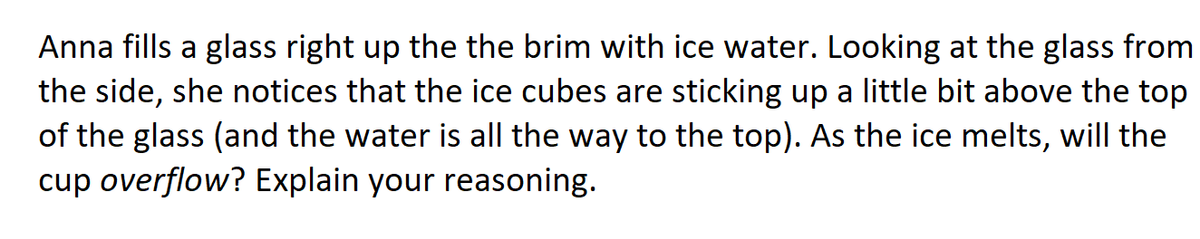 Anna fills a glass right up the the brim with ice water. Looking at the glass from
the side, she notices that the ice cubes are sticking up a little bit above the top
of the glass (and the water is all the way to the top). As the ice melts, will the
cup overflow? Explain your reasoning.
