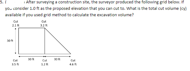 5. (
After surveying a construction site, the surveyor produced the following grid below. If
you consider 1.0 ft as the proposed elevation that you can cut to. What is the total cut volume (cy)
available if you used grid method to calculate the excavation volume?
Cut
2.1 ft
30 ft
Cut
3.5 ft
30 ft
Cut
3.2 ft
Cut
1.2 ft
30 ft
Cut
4.6 ft