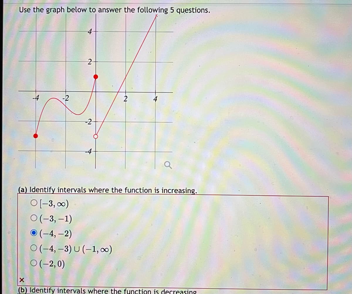 Use the graph below to answer the following 5 questions.
-2
4
2
-2
2
(a) Identify intervals where the function is increasing.
O [-3, ∞)
O(-3,-1)
(-4,-2)
O(-4,-3) U (-1, ∞)
O(-2,0)
X
(b) Identify intervals where the function is decreasing