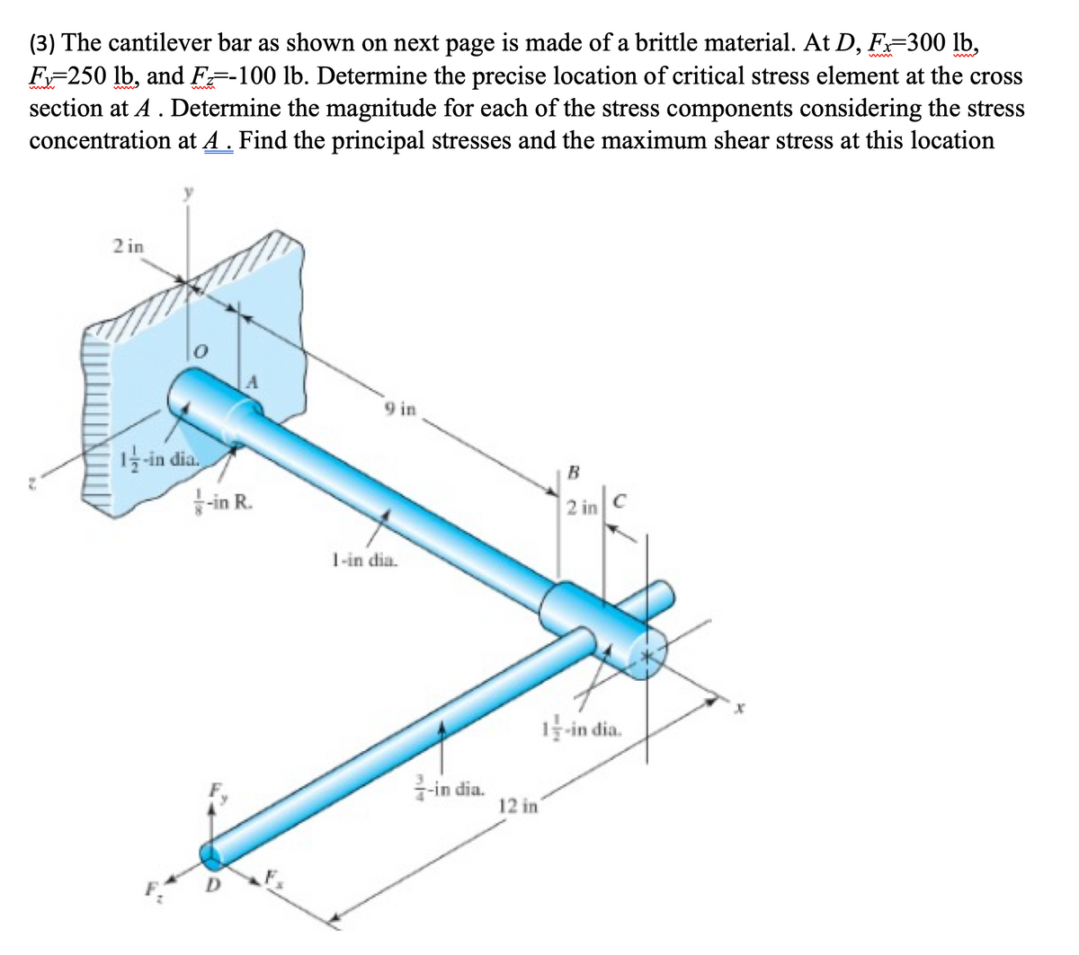 (3) The cantilever bar as shown on next page is made of a brittle material. At D, Fx-300 lb,
F-250 lb, and F-100 lb. Determine the precise location of critical stress element at the cross
section at A. Determine the magnitude for each of the stress components considering the stress
concentration at A . Find the principal stresses and the maximum shear stress at this location
2 in
1-in dia.
-in R.
D
9 in
1-in dia.
-in dia.
12 in
2 in
of
C
1-in dia.