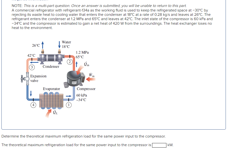 NOTE: This is a multi-part question. Once an answer is submitted, you will be unable to return to this part.
A commercial refrigerator with refrigerant-134a as the working fluid is used to keep the refrigerated space at -30°C by
rejecting its waste heat to cooling water that enters the condenser at 18°C at a rate of 0.28 kg/s and leaves at 26°C. The
refrigerant enters the condenser at 1.2 MPa and 65°C and leaves at 42°C. The inlet state of the compressor is 60 kPa and
-34°C and the compressor is estimated to gain a net heat of 420 W from the surroundings. The heat exchanger loses no
heat to the environment.
26°C
42°C
↑
4
Condenser
Expansion
valve
Evaporator
QL
Water
18°C
1.2 MPa
65°C
↑gin
Win
Compressor
60 kPa
-34°C
Determine the theoretical maximum refrigeration load for the same power input to the compressor.
The theoretical maximum refrigeration load for the same power input to the compressor is
KW.