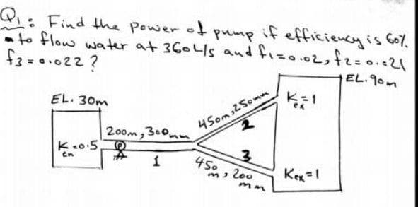 Q: Find he Power of
to flow water at 360LIs and fizo.02, f2=0.021
f3=0.022?
pump if efficiencyis 607.
EL.90m
EL. 30m
200m, 300m
4Soms2Somm
1
450 , 2ou
Kex=1
mm
