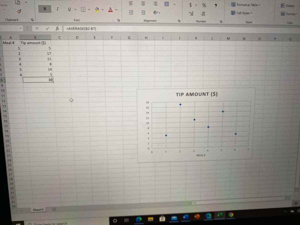 E ==園
$ - %
Paste
6.
Format as Table
Delete
В
I u、田、 、A.
.00
7 Cell Styles
Format
00
Clipboard
Font
Alignment
Number
Styles
Cells
=AVÉRAGE(B2:B7)
A
B.
H.
K.
N.
Meal #
Tip amount ($)
1
5.
17
11
14
8
10
9.
10
TIP AMOUNT ($)
11
12
18
13
16
14
14
15
12
16
10
17
18
19
20
21
22
3.
23
MEAL #
24
25
26
27
28
29
30
31
32
33
34
Sheet1
n Tune here to search
12
F.
12
>
234 56
