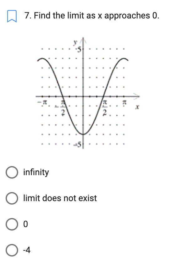 7. Find the limit as x approaches 0.
F
I
2
O infinity
O limit does not exist
O o
O -4
I
2
.