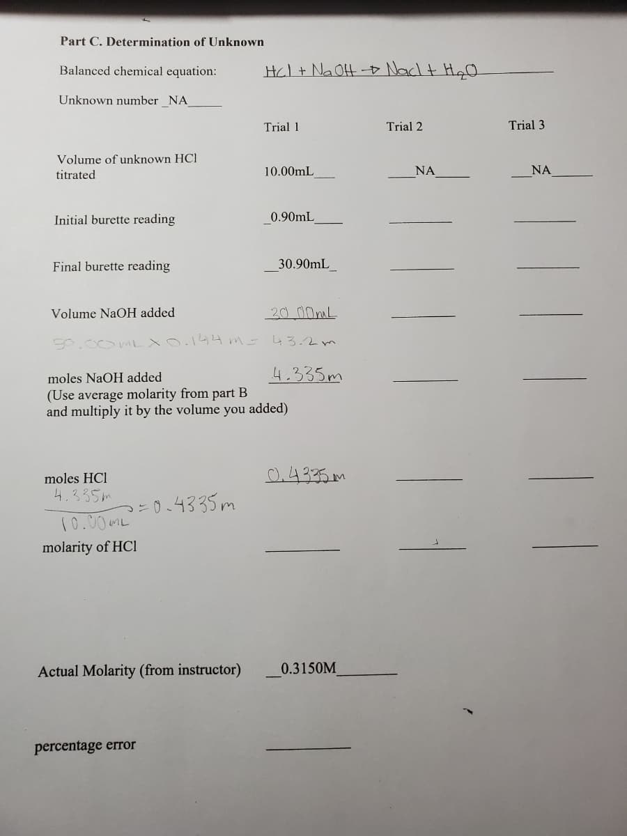 Part C. Determination of Unknown
Balanced chemical equation:
Hcl + Na OH -o Nacl t Hg0
Unknown number NA
Trial 1
Trial 2
Trial 3
Volume of unknown HCl
titrated
10.00mL
NA
NA
Initial burette reading
0.90mL
Final burette reading
30.90mL
Volume NaOH added
20 00ML
50.00mLXO.144 m=43.2m
moles NaOH added
4.335m
(Use average molarity from part B
and multiply it by the volume you added)
04335 m
moles HCl
4.335m
04335m
10.00 mL
molarity of HCl
Actual Molarity (from instructor)
0.3150M
percentage error
