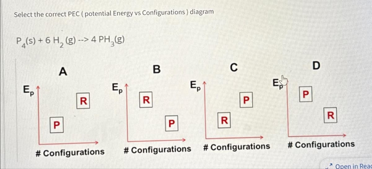 Select the correct PEC (potential Energy vs Configurations) diagram
P(s) + 6 H₂ (g)--> 4 PH₂(g)
Ep
A
P
R
# Configurations
Ep
R
B
P
Ep
# Configurations
R
C
# Configurations
ES
D
R
# Configurations
Open in Reac