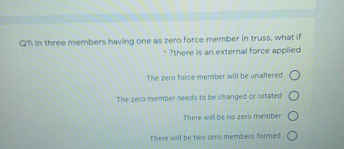 Q1 In three members having one as zero force member in truss, what if
?there is an external force applied
The zero force member will be unaltered O
The zero member needs to be changed or rotated O
There will be no zero member O
There will be two zero members formed O
