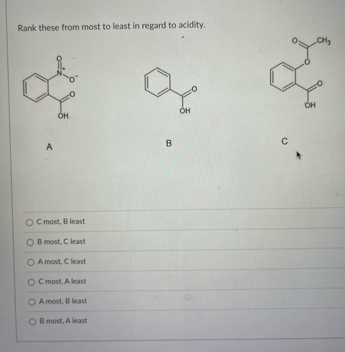 Rank these from most to least in regard to acidity.
OH
OC most, B least
B most, C least
A most, C least
OC most, A least
O A most, B least
B most, A least
B
OH
OH
CH3