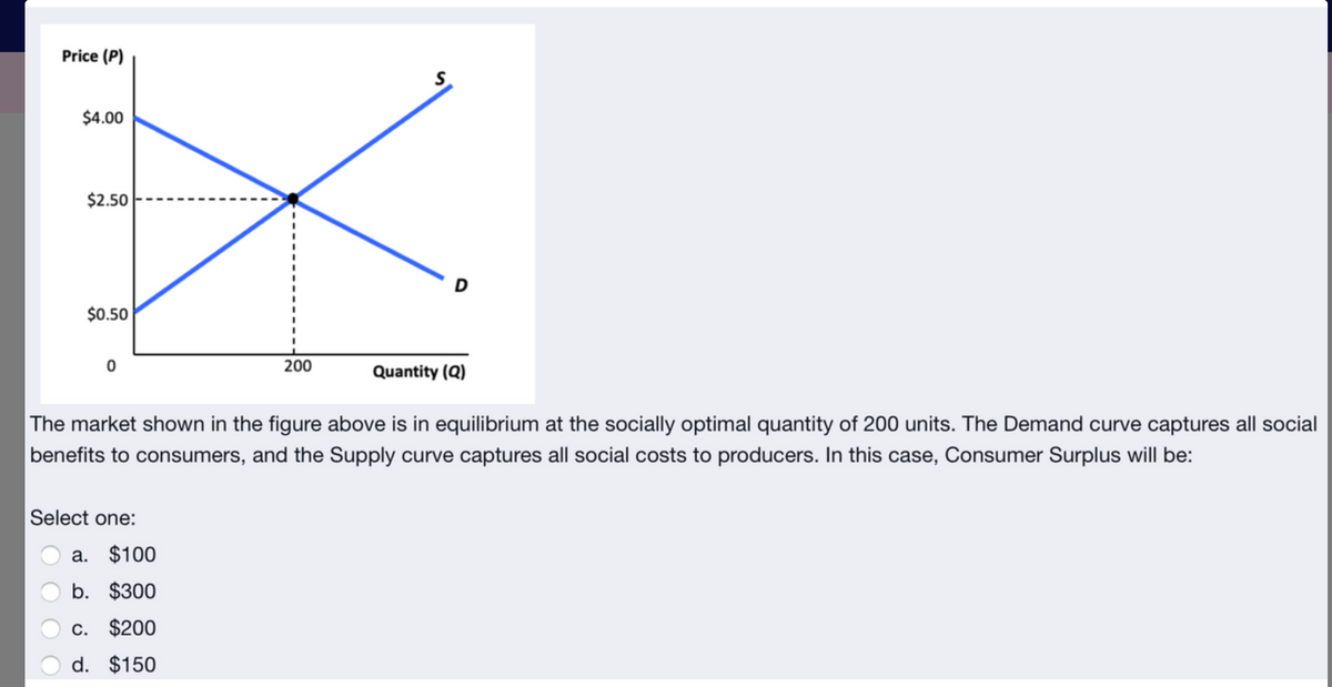 Price (P)
S
$4.00
$2.50
D
$0.50
200
Quantity (Q)
The market shown in the figure above is in equilibrium at the socially optimal quantity of 200 units. The Demand curve captures all social
benefits to consumers, and the Supply curve captures all social costs to producers. In this case, Consumer Surplus will be:
Select one:
a. $100
b. $300
C. $200
d. $150
