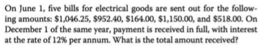 On June 1, five bills for electrical goods are sent out for the follow-
ing amounts: $1,046.25, $952.40, $164.00, $1,150.00, and $518.00. On
December 1 of the same year, payment is received in full, with interest
at the rate of 12% per annum. What is the total amount received?