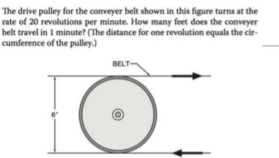 The drive pulley for the conveyer belt shown in this figure turns at the
rate of 20 revolutions per minute. How many feet does the conveyer
belt travel in 1 minute? (The distance for one revolution equals the cir-
cumference of the pulley.)
BELT-