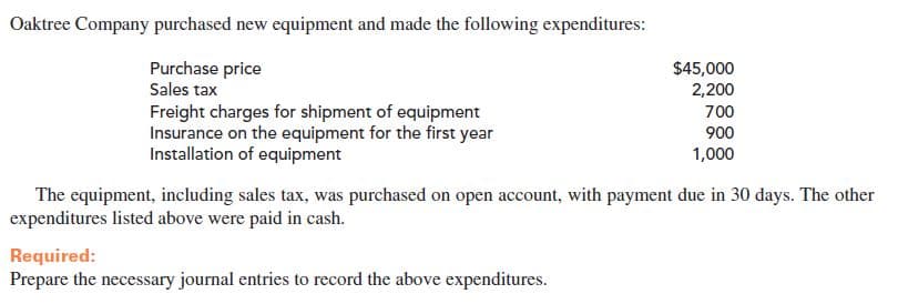 Oaktree Company purchased new equipment and made the following expenditures:
Purchase price
$45,000
2,200
Sales tax
Freight charges for shipment of equipment
Insurance on the equipment for the first year
Installation of equipment
700
900
1,000
The equipment, including sales tax, was purchased on open account, with payment due in 30 days. The other
expenditures listed above were paid in cash.
Required:
Prepare the necessary journal entries to record the above expenditures.
