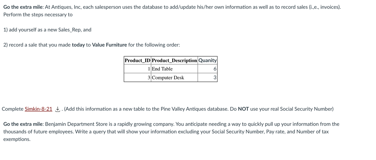 Go the extra mile: At Antiques, Inc, each salesperson uses the database to add/update his/her own information as well as to record sales (i.,e., invoices).
Perform the steps necessary to
1) add yourself as a new Sales_Rep, and
2) record a sale that you made today to Value Furniture for the following order:
Product_ID Product_Description Quanity
1 End Table
6
3 Computer Desk
3
Complete Simkin-8-21 . (Add this information as a new table to the Pine Valley Antiques database. Do NOT use your real Social Security Number)
Go the extra mile: Benjamin Department Store is a rapidly growing company. You anticipate needing a way to quickly pull up your information from the
thousands of future employees. Write a query that will show your information excluding your Social Security Number, Pay rate, and Number of tax
exemptions.
