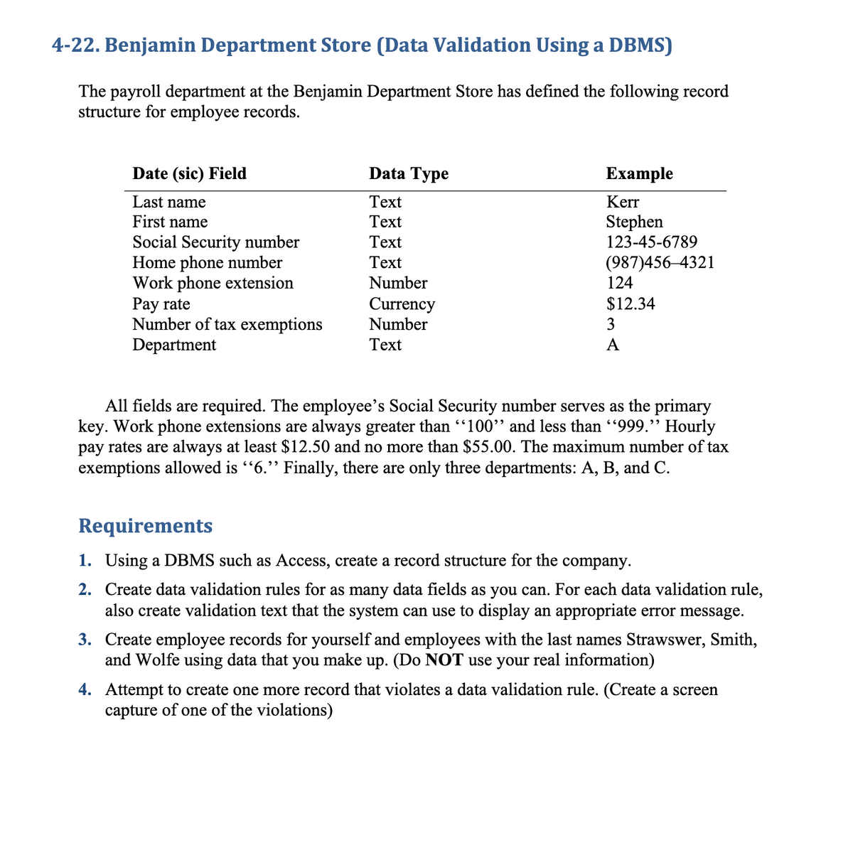 4-22. Benjamin Department Store (Data Validation Using a DBMS)
The payroll department at the Benjamin Department Store has defined the following record
structure for employee records.
Date (sic) Field
Data Type
Еxample
Last name
Теext
Kerr
First name
Тext
Stephen
123-45-6789
Social Security number
Home phone number
Work phone extension
Pay rate
Number of tax exemptions
Department
Тext
(987)456–4321
124
Тext
Number
Currency
Number
$12.34
3
Тext
A
All fields are required. The employee's Social Security number serves as the primary
key. Work phone extensions are always greater than "100" and less than "999." Hourly
pay rates are always at least $12.50 and no more than $55.00. The maximum number of tax
exemptions allowed is "6." Finally, there are only three departments: A, B, and C.
Requirements
1. Using a DBMS such as Access, create a record structure for the company.
2. Create data validation rules for as many data fields as you can. For each data validation rule,
also create validation text that the system can use to display an appropriate error message.
3. Create employee records for yourself and employees with the last names Strawswer, Smith,
and Wolfe using data that you make up. (Do NOT use your real information)
4. Attempt to create one more record that violates a data validation rule. (Create a screen
capture of one of the violations)
