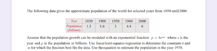 The following data gives the approximate population of the world for selected years from 1850 until 2000.
Year
1850
1950 1980 2000
1900
Population 1.3
(billions)
1.6
3
4.4
6
Assume that the population growth can be modeled with an exponential function p = bemx where x is the
year and p is the population in billions. Use linearleast-squares regression to determine the constants b and
m for which the function best fits the data. Use the equation to estimate the population in the year 1970.
