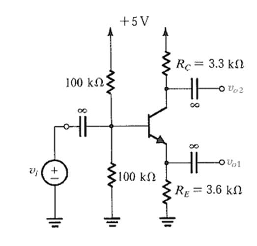 +5V
Rc = 3.3 k2
%3D
100 kN
Vo2
Vol
100 k
= 3.6 kn
RE
%3D
8.
8.
+
