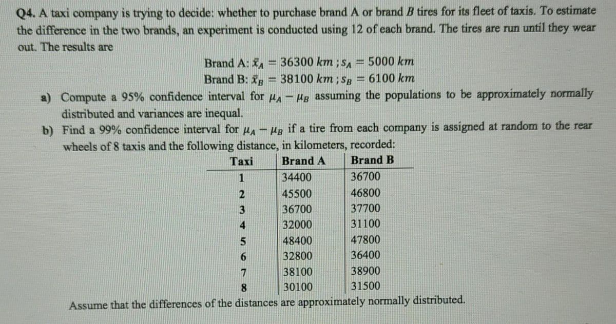 Q4. A taxi company is trying to decide: whether to purchase brand A or brand B tires for its fleet of taxis. To estimate
the difference in the two brands, an experiment is conducted using 12 of each brand. The tires are run until they wear
out. The results are
Brand A: = 36300 km; s, = 5000 km
Brand B: xg = 38100 km ; Sg
6100 km
www
a) Compute a 95% confidence interval for HA- Hg assuming the populations to be approximately normally
distributed and variances are inequal.
b) Find a 99% confidence interval for u- Hg if a tire from each company is assigned at random to the rear
wheels of 8 taxis and the following distance, in kilometers, recorded:
Тахі
Brand A
Brand B
1
34400
36700
2
45500
46800
3
36700
37700
4
32000
31100
48400
47800
6.
32800
36400
7
38100
38900
8.
30100
31500
Assume that the differences of the distances are approximately normally distributed.
