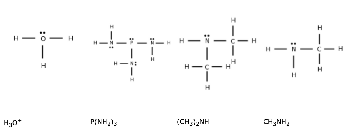 H
H
H
H - 0 -
H-N -
-
C- H
H
C -
H
H
H - N:
H30+
P(NH2)3
(CH3)2NH
CH3NH2
I -U -I
:z - I
:0 - I
