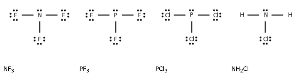 -ドー
H – N
-
H
-
-
:F:
:F:
:d:
:d:
NF3
PF3
PCI3
NH2CI
