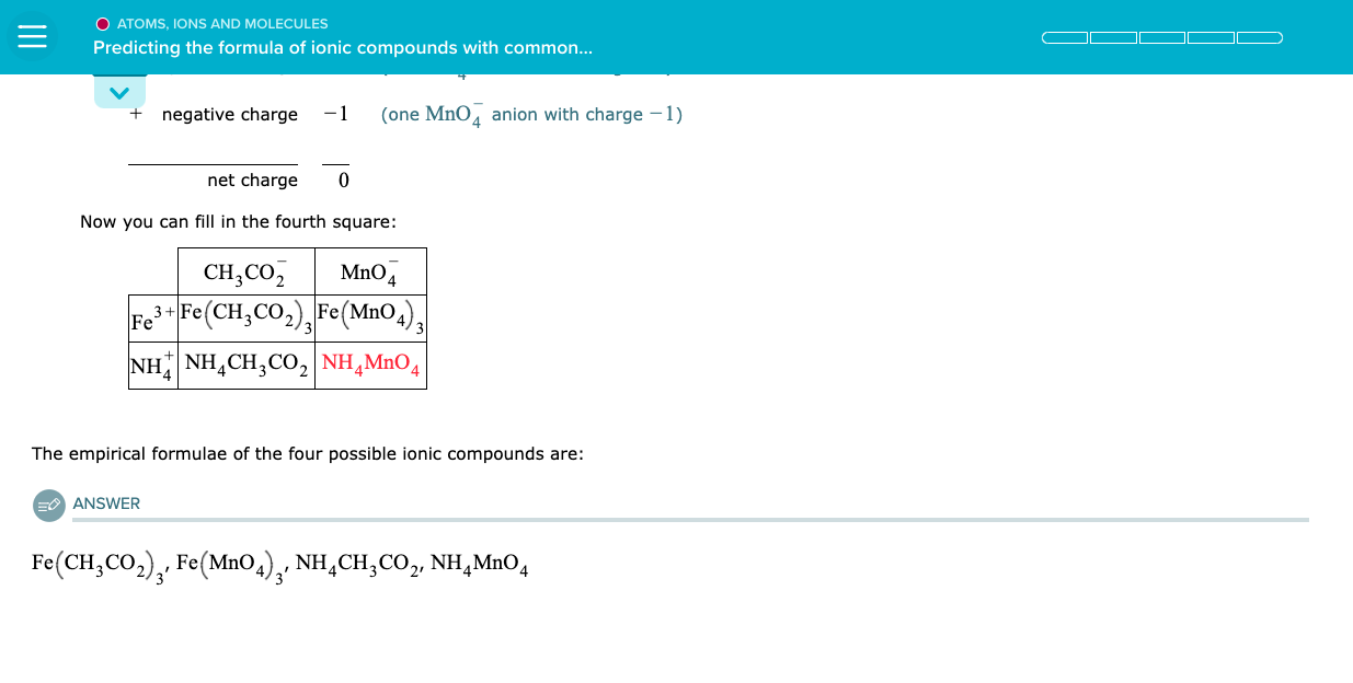 ### Predicting the Formula of Ionic Compounds with Common Ions

#### Understanding Charges and Ionic Compounds

When predicting the formula of ionic compounds, it's essential to consider the charges of the ions involved. For instance, Fe\(^{3+}\) represents an iron ion with a positive charge of +3, and MnO\(_4^{-}\) represents a permanganate ion with a negative charge of -1. To form a neutral compound, the total positive charge must balance the total negative charge. Therefore, the formula of the resulting compound can be predicted based on this balance.

#### Example: Predicting the Formula

Given:

- One MnO\(_4^{-}\) anion with charge \(-1\)
- Iron ion Fe\(^{3+}\) with charge \(+3\)
- Ammonium ion NH\(_4^{+}\) with charge \(+1\)

By balancing the charges to achieve a net charge of 0, we can predict the combinations of other ions to form neutral compounds.

#### Table of Ions Combinations

The table below shows the possible combinations of ions and the resulting compounds:

|               | CH<sub>3</sub>CO<sub>2</sub><sup>&minus;</sup> | MnO<sub>4</sub><sup>&minus;</sup> |
|---------------|-----------------------------------------------|-----------------------------------|
| Fe<sup>3+</sup> | Fe(CH<sub>3</sub>CO<sub>2</sub>)<sub>3</sub>  | Fe(MnO<sub>4</sub>)<sub>3</sub>   |
| NH<sub>4</sub><sup>+</sup>  | NH<sub>4</sub>CH<sub>3</sub>CO<sub>2</sub>           | NH<sub>4</sub>MnO<sub>4</sub>    |

**Explanation of the Table:**

- **Top Row:** Lists the anions (negatively charged ions) used in the combinations.
- **First Column:** Lists the cations (positively charged ions).

Each cell shows the empirical formula of the compound formed by combining the ions from the respective row and column.

#### Resulting Empirical Formulae

From the table, the empirical formulae of the four possible ionic compounds are:
- Fe(CH<sub>3</sub>CO<