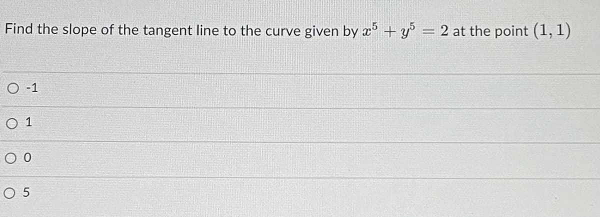 Find the slope of the tangent line to the curve given by x+ y° = 2 at the point (1, 1)
|3D
O -1
O 1
O 5
