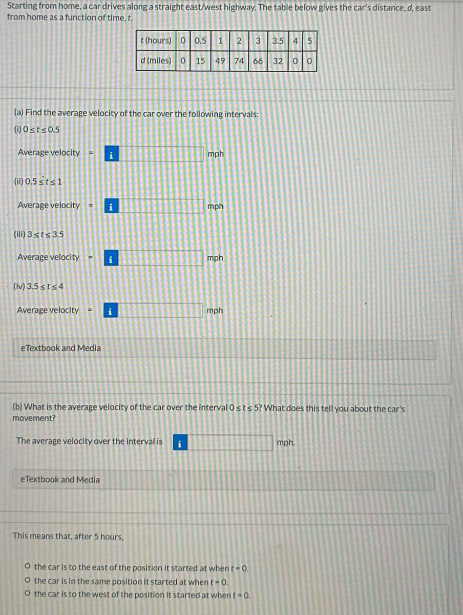 Starting from home, a car drives along a straight east/west highway. The table below gives the car's distance, d, east
from home as a function of time, t.
t (hours) 0 0.5
1
3.5 4
d (miles) 0
15 49 74 66 32 0o
(a) Find the average velocity of the car over the following intervals:
(i) O sts0.5
Average velocity
i
mph
(ii) 0,5 sts 1
Average velocity
mph
(III) 3<ts 3.5
Average velocity
i
mph
(iv) 3.5 sts4
Average velocity
i
mph
eTextbook and Media
(b) What is the average velocity of the car over the interval Osts 5? What does this tell you about the car's
movement?
The average velocity over the interval is
i
mph.
eTextbook and Media
This means that, after 5 hours,
O the car is to the east of the position it started at when t -0.
O the car is in the same position it started at when t = 0.
O the car is to the west of the position it started at when t =0.

