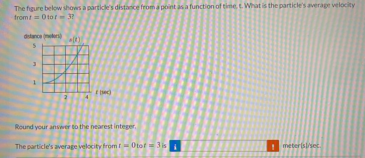 The figure below shows a particle's distance from a point as a function of time, t. What is the particle's average velocity
from t = 0 tot = 3?
distance (meters)
s(t)
3
1
t (sec)
2
Round your answer to the nearest integer.
The particle's average velocity from t = 0 tot = 3 is i
meter(s)/sec.
