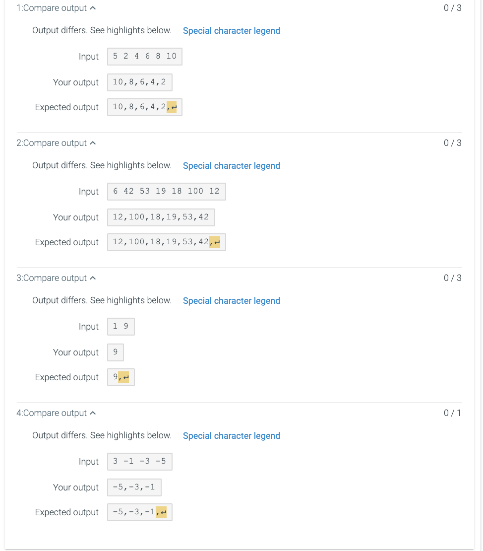 1:Compare output ^
Output differs. See highlights below. Special character legend
Input
Your output
Expected output
Input
Your output
2:Compare output ^
Output differs. See highlights below. Special character legend
Expected output
5 2 4 6 8 10
10,8,6,4,2
Input
10, 8, 6, 4, 2,
Your output
Expected output
6 42 53 19 18 100 12
3:Compare output
Output differs. See highlights below. Special character legend
Input 19
12,100,18,19, 53, 42
Your output
Expected output 9,
12,100,18,19, 53, 42,
4:Compare output
Output differs. See highlights below. Special character legend
9
3 -1 -3 -5
-5, -3,-1
-5, -3,-1,-
0/3
0/3
0/3
0/1