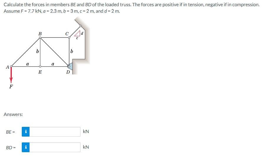 Calculate the forces in members BE and BD of the loaded truss. The forces are positive if in tension, negative if in compression.
Assume F = 7.7 kN, a = 2.3 m, b = 3 m, c = 2 m, and d = 2 m.
Α'
A
F
Answers:
BE=
BD =
a
IM
i
B
b
E
a
с
b
D
kN
2
KN