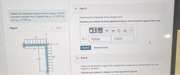 Replace the distributed loading shown in (Eigure 1) by an
equivalent resultant force. Suppose that w=3.5 kN/m
and ₂-2.5 kN/m
Figure
1 of 1 >
Part A
Determine the magnitude of the resultant force
Express your answer to three significant figures and include the appropriate units.
FR =
Submit
Part B
Value
Request Answer
Units
Determine the direction angle of the resultant force measured counterclockwise from the
negative z direction
Express your answer in degrees to three significant figures.