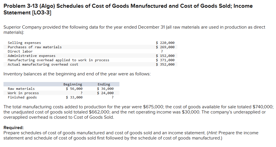 Problem 3-13 (Algo) Schedules of Cost of Goods Manufactured and Cost of Goods Sold; Income
Statement [LO3-3]
Superior Company provided the following data for the year ended December 31 (all raw materials are used in production as direct
materials):
Selling expenses
Purchases of raw materials
Direct labor
Administrative expenses
Manufacturing overhead applied to work in process
Actual manufacturing overhead cost
Inventory balances at the beginning and end of the year were as follows:
Raw materials
Work in process
Finished goods
Beginning
$ 56,000
?
$ 33,000
Ending
$ 36,000
$ 24,000
?
$ 220,000
$ 269,000
?
$ 152,000
$ 371,000
$ 352,000
The total manufacturing costs added to production for the year were $675,000; the cost of goods available for sale totaled $740,000;
the unadjusted cost of goods sold totaled $662,000; and the net operating income was $30,000. The company's underapplied or
overapplied overhead is closed to Cost of Goods Sold.
Required:
Prepare schedules of cost of goods manufactured and cost of goods sold and an income statement. (Hint: Prepare the income
statement and schedule of cost of goods sold first followed by the schedule of cost of goods manufactured.)