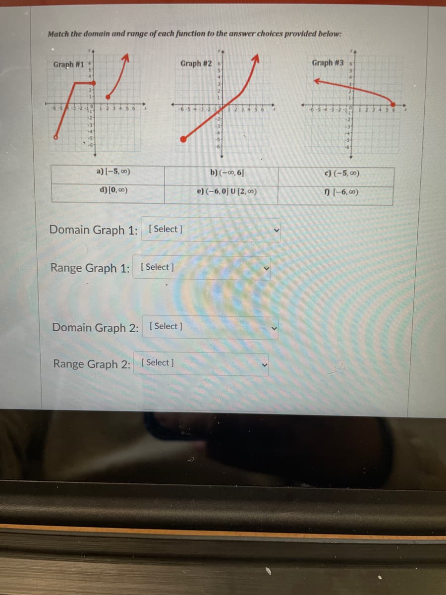 Match the domain and range of each function to the answer choices provided below:
Graph #1
Graph #2
Graph #3 6
3-2-1
65432
123456
-2 -i0
123456
123456
-3
-4
a) [-5, c0)
b) (-0, 6]
c) (-5, 0)
d) [0, 00)
e) (-6,0] U [2, co)
N (-6, 00)
Domain Graph 1: [Select ]
Range Graph 1: [Select ]
Domain Graph 2: [ Select ]
Range Graph 2: I Select ]
