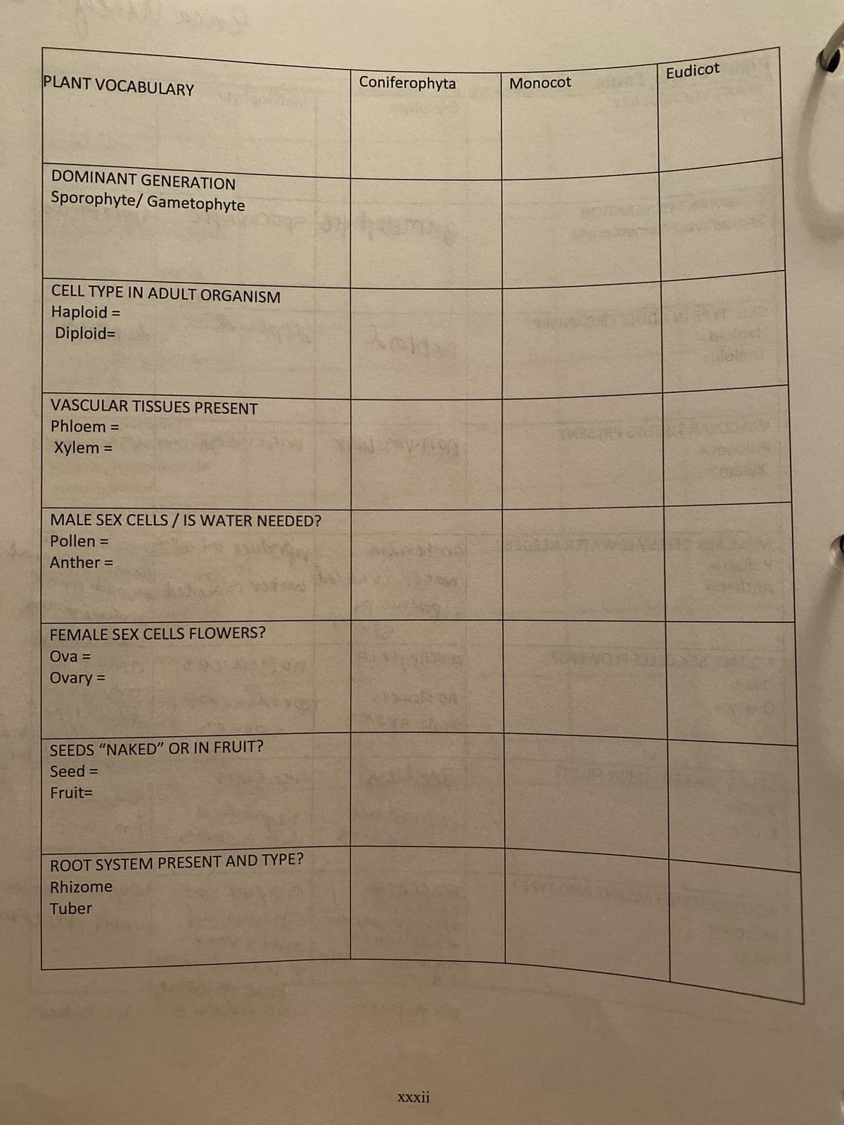 PLANT VOCABULARY
DOMINANT GENERATION
Sporophyte/Gametophyte
CELL TYPE IN ADULT ORGANISM
Haploid =
Diploid=
VASCULAR TISSUES PRESENT
Phloem =
Xylem
=
MALE SEX CELLS/IS WATER NEEDED?
Pollen =
Anther =
FEMALE SEX CELLS FLOWERS?
Ova =
Ovary =
SEEDS "NAKED" OR IN FRUIT?
Seed =
Fruit=
ROOT SYSTEM PRESENT AND TYPE?
Rhizome
Tuber
Coniferophyta
hour
IN COVAS
150
XXX11
Monocot
VEZIR
03
Eudicot