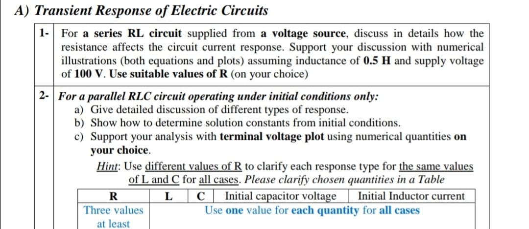 A) Transient Response of Electric Circuits
1- For a series RL circuit supplied from a voltage source, discuss in details how the
resistance affects the circuit current response. Support your discussion with numerical
illustrations (both equations and plots) assuming inductance of 0.5 H and supply voltage
of 100 V. Use suitable values of R (on your choice)
2- For a parallel RLC circuit operating under initial conditions only:
a) Give detailed discussion of different types of response.
b) Show how to determine solution constants from initial conditions.
c) Support your analysis with terminal voltage plot using numerical quantities on
your choice.
Hint: Use different values of R to clarify each response type for the same values
of L and C for all cases. Please clarify chosen quantities in a Table
LC| Initial capacitor voltage
R
Initial Inductor current
Three values
Use one value for each quantity for all cases
