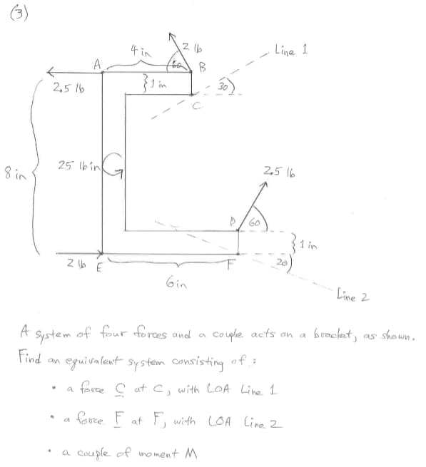 (3)
Line 1
4 in
A
2,5 1b
25 lbin
25 16
8 in
D/ 60
31 in
20
Gin
Line 2
of four forces and a
Co uple. acts an a
bonclet, as shown.
A
System
Find
an eguivalent system consisting of :
a force C atc, with LOA Line 1
fovce F at F, with LOA Cine 2
Couple ef moment M
a
