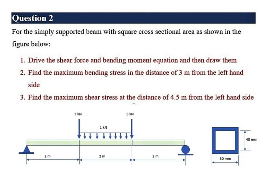 Question 2
For the simply supported beam with square cross sectional area as shown in the
figure below:
1. Drive the shear force and bending moment equation and then draw them
2. Find the maximum bending stress in the distance of 3 m from the left hand
side
3. Find the maximum shear stress at the distance of 4.5 m from the left hand side
3 kN
5 kN
1 kN
40 mm
2 m
2 m
2 m
50 mm
