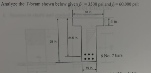 Analyze the T-beam shown below given fe' = 3500 psi and f, = 60,000 psi:
18 in.
28 in.
24.5 in.
10 in.
in.
6 No. 7 bars