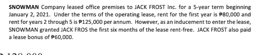 SNOWMAN Company leased office premises to JACK FROST Inc. for a 5-year term beginning
January 2, 2021. Under the terms of the operating lease, rent for the first year is P80,000 and
rent for years 2 through 5 is P125,000 per annum. However, as an inducement to enter the lease,
SNOWMAN granted JACK FROS the first six months of the lease rent-free. JACK FROST also paid
a lease bonus of P60,000.
