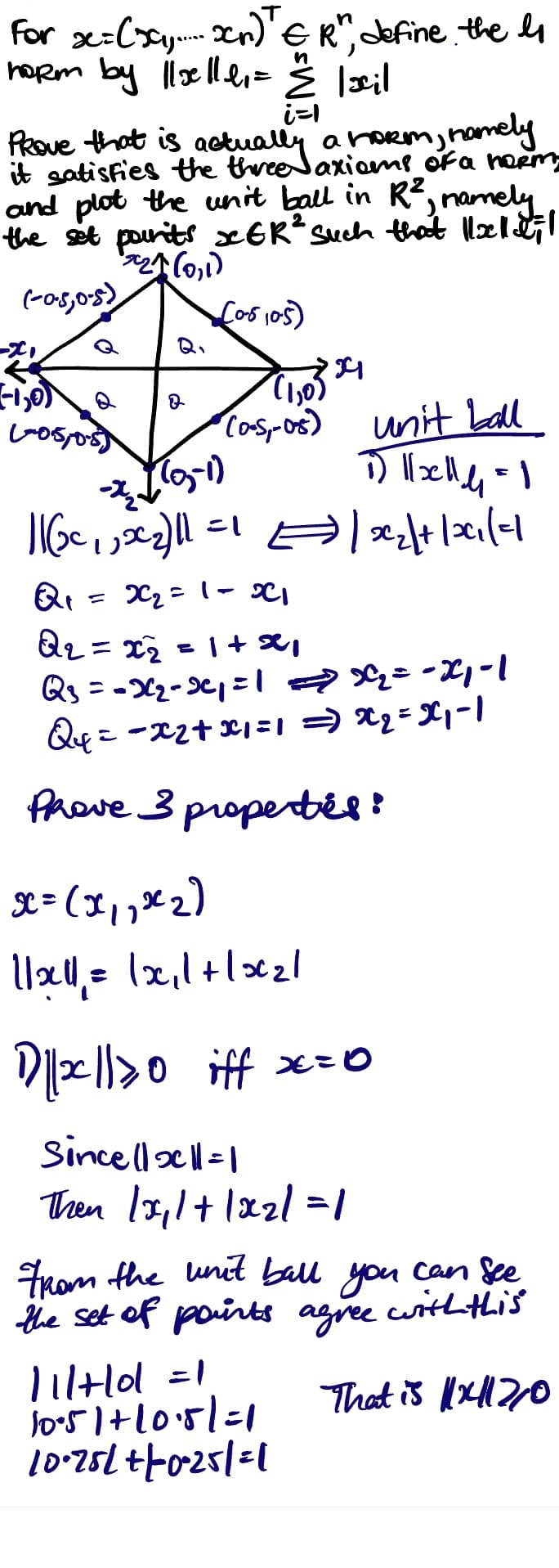 ER
For x=(x₁, x₂)² =R", define the Is
hoRm by || selle₁= 2/2 |acil
i=1
PRove that is actually a horm, namely
it satisfies the three axioms of a horm,
and plot the unit ball in R²,
; namely
the set points xER² such that llell |
x21 (0,1)
(-0-5,0-5)
-1,₂0)
(05/05)
2
(0-8 10-5)
294
(1,0)
•(0.5,-05) unit ball
21(8-1)
Dllxkld
||(20²₁1x₂)|1=1 = |x₂|+|2₁|=1
디
Q₁
X₂=1= 31
Q₂ = x₂ = 1 + 2
Q₁ ==x₂-2²₁=1 = x ₂ = -2₁-1
Q₁ = = x₂ + x1=1 =) X₂=X₁-1
Phove 3 properties:
x = (x₁₂x₂)
11x11₁ = 1x₁1+1x₂1
D||xc||20 iff x=0
Sincellx11=1
Then 1x₁1 + 1x21=1
from the unit ball you can see
the set of points agree with this
That is 11x417/0
|||+|0l = 1
10051+10.51=1
10-251+/0²251=1