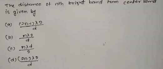 The distemce of nth boignt bond From center bemd
is given by
Ca)
(b)
(d) (2n)AD
