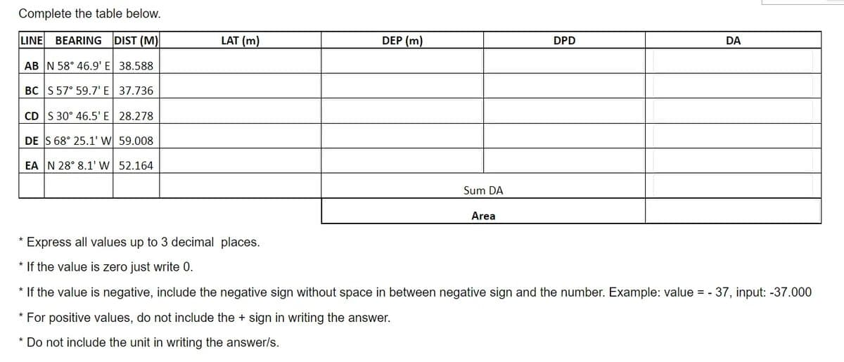 Complete the table below.
LINE BEARING DIST (M)
AB N 58° 46.9' E 38.588
BC S 57° 59.7' E 37.736
CD S 30° 46.5' E 28.278
DE S 68° 25.1' W 59.008
EA N 28° 8.1' W 52.164
LAT (m)
DEP (m)
Sum DA
Area
DPD
DA
* Express all values up to 3 decimal places.
* If the value is zero just write 0.
* If the value is negative, include the negative sign without space in between negative sign and the number. Example: value = - 37, input: -37.000
* For positive values, do not include the + sign in writing the answer.
* Do not include the unit in writing the answer/s.