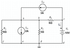 R₁
60
23
Iss
2A
b
152
3A
R₂
30
R₂
6Ω
la
Vs
10V