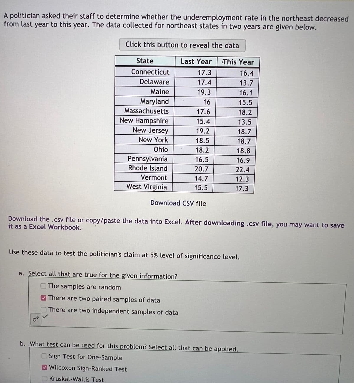 A politician asked their staff to determine whether the underemployment rate in the northeast decreased
from last year to this year. The data collected for northeast states in two years are given below.
Click this button to reveal the data
State
Connecticut
Delaware
Maine
Maryland
Massachusetts
New Hampshire
New Jersey
New York
Ohio
Pennsylvania
Rhode Island
Vermont
West Virginia
Last Year This Year
17.3
16.4
17.4
13.7
19.3
16.1
16
15.5
17.6
18.2
15.4
13.5
19.2
18.7
18.5
18.7
18.2
18.8
16.5
16.9
20.7
22.4
14.7
12.3
15.5
17.3
Download CSV file
Download the .csv file or copy/paste the data into Excel. After downloading .csv file, you may want to save
it as a Excel Workbook.
Use these data to test the politician's claim at 5% level of significance level.
a. Select all that are true for the given information?
The samples are random
There are two paired samples of data
There are two independent samples of data
b. What test can be used for this problem? Select all that can be applied.
Sign Test for One-Sample
Wilcoxon Sign-Ranked Test
Kruskal-Wallis Test