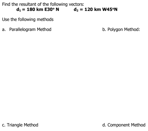 Find the resultant of the following vectors:
di = 180 km E30° N
dz = 120 km W45°N
Use the following methods
a. Parallelogram Method
b. Polygon Method:
c. Triangle Method
d. Component Method
