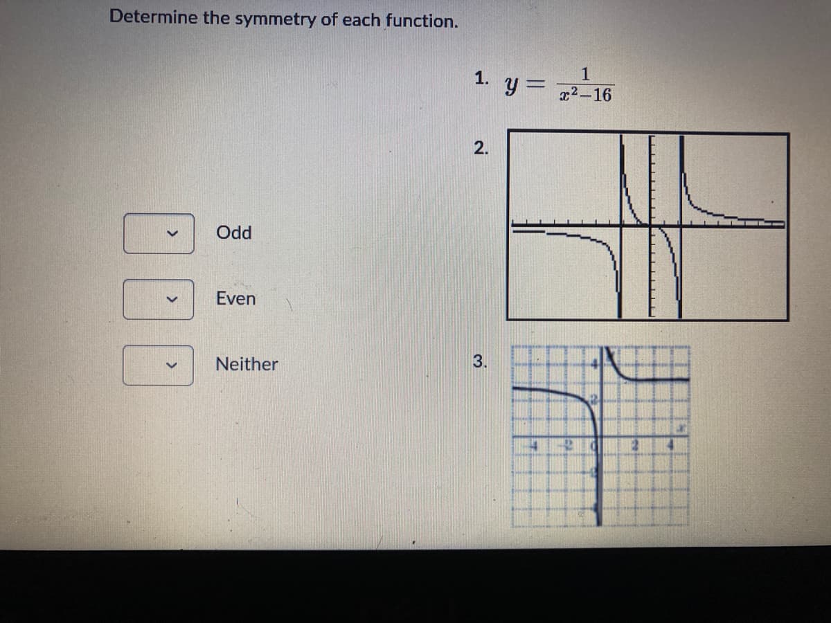 Determine the symmetry of each function.
DOD
Odd
Even
Neither
1
1. y=x²-16
2.
3.
114
D
2