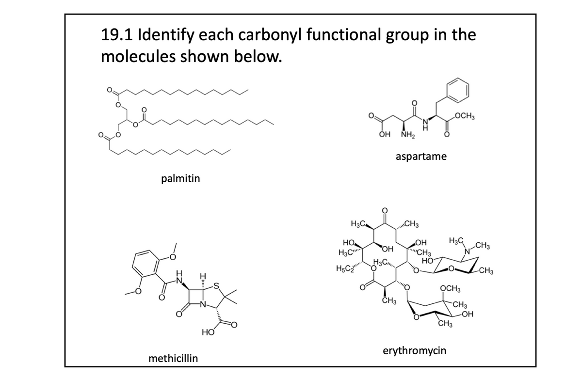 19.1 Identify each carbonyl functional group in the
molecules shown below.
palmitin
methicillin
HO
H3C
HO
H3C
H5C₂
OH NH₂
aspartame
OH
H3C..
CH3
CH3
OH
CH3
HO
LOCH 3
H3C
erythromycin
OCH3
N-CH3
CH3
CH3
-OH
-CH3